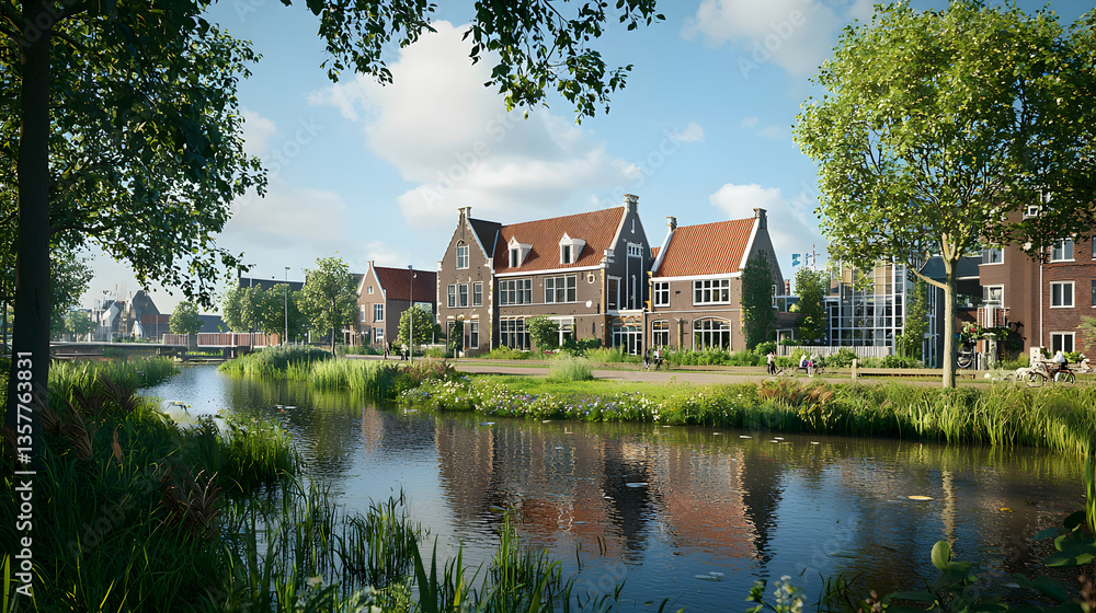 Obraz premium Town Canal View with Buildings, Trees, and Reflection in Water