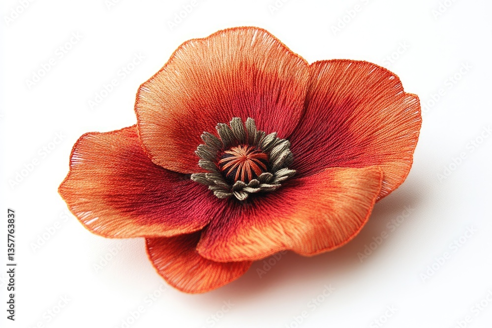 Intricate thread embroidery of a poppy flower, showcasing vibrant red and orange hues. Intricate thread embroidery of a poppy flower, showcasing vibrant red and orange hues.