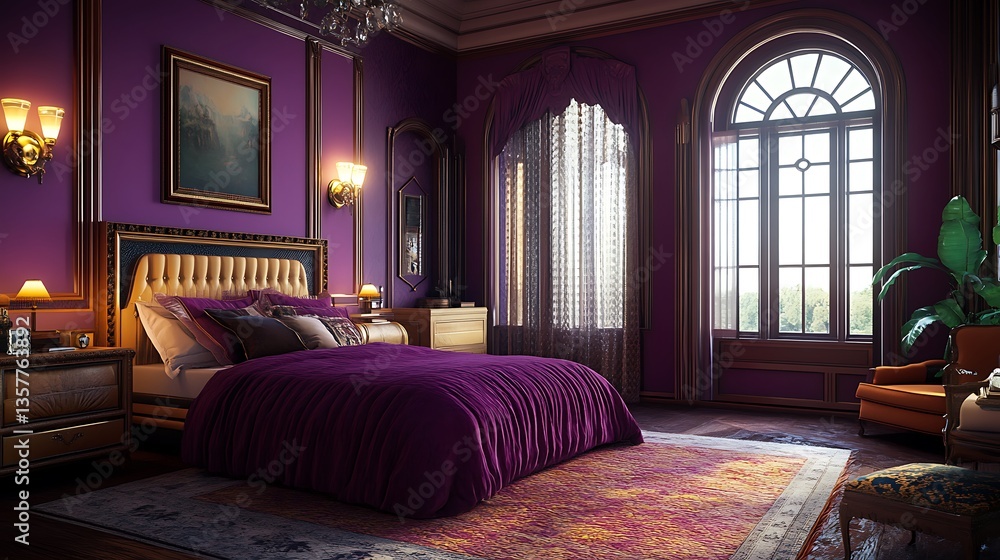 Fototapeta premium Bold Art Deco bedroom with opulent furniture and decor