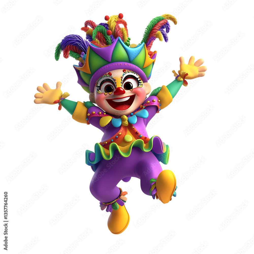 A Joyful 3D Clown Character Jumping Isolated on Transparent Background A Joyful 3D Clown Character Jumping Isolated on Transparent Background