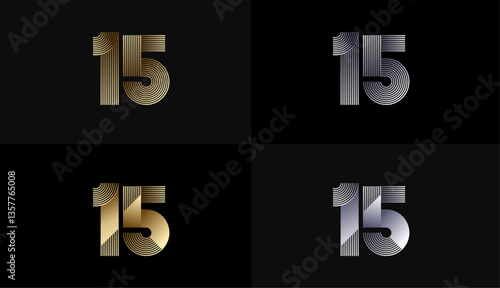 Number Design Line Stripes in Luxury Gold 15th, 15th Years Anniversary with Gold Metallic Line ,Luxury, Line and shape concept.