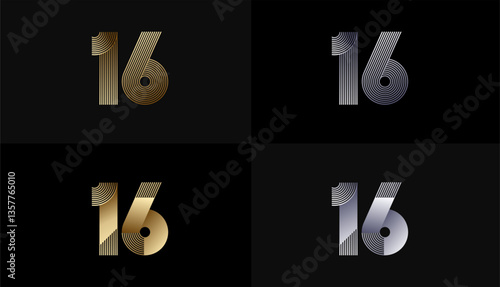Number Design Line Stripes in Luxury Gold 16th, 16th Years Anniversary with Gold Metallic Line ,Luxury, Line and shape concept.