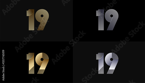 Number Design Line Stripes in Luxury Gold 19th, 19th Years Anniversary with Gold Metallic Line ,Luxury, Line and shape concept.