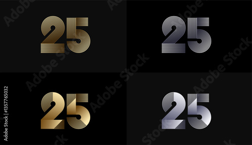 Number Design Line Stripes in Luxury Gold 25th, 25th Years Anniversary with Gold Metallic Line ,Luxury, Line and shape concept.
