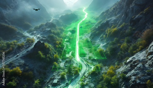 Aerial Drone Survey of Pipeline Construction Site Using LiDAR Technology with Green Grid Overlay Capturing Detailed Topographic Data for Infrastructure Mapping and Terrain Analysis 
