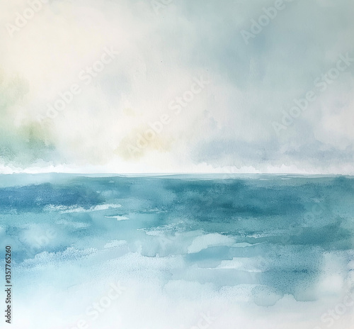 Abstract watercolor ocean painting with blue and green shades, soft edges, and gentle waves