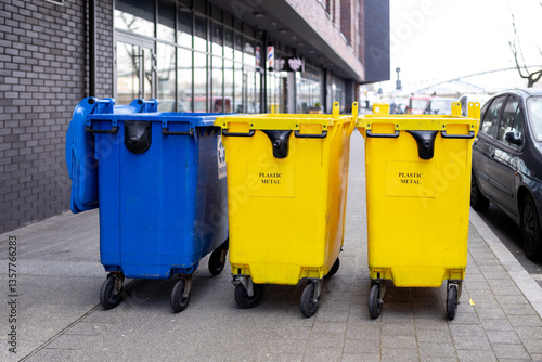 Yellow and blue Recycling Bin for plastic Waste. Waste containers for garbage segregation in Poland. Environmental conservation saving planet from contamination