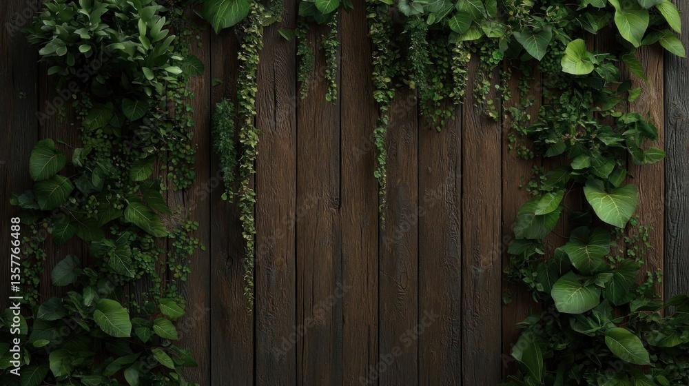 Lush greenery cascading down rustic wooden wall; nature backdrop Lush greenery cascading down rustic wooden wall; nature backdrop