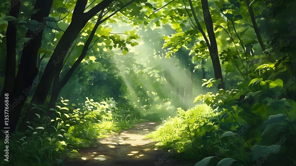 Fototapeta premium Sunlit Path Through Lush Green Forest Tranquil Nature Scene Woodland Trail
