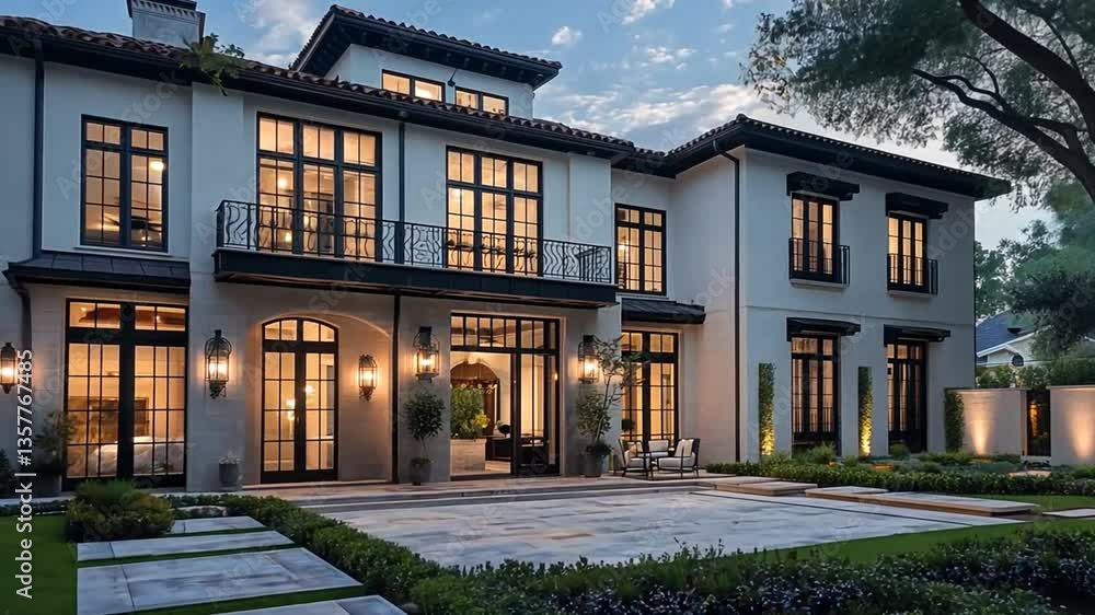 A luxurious, modern estate with expansive windows, exterior lighting, and manicured landscaping at dusk. A luxurious, modern estate with expansive windows, exterior lighting, and manicured landscaping at dusk.