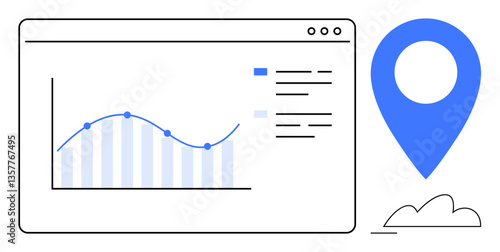 Dashboard displaying analytics chart with growth trend, blue location pin, and cloud. Ideal for data analysis, tracking, location services, strategy, tech innovation, marketing research flat simple