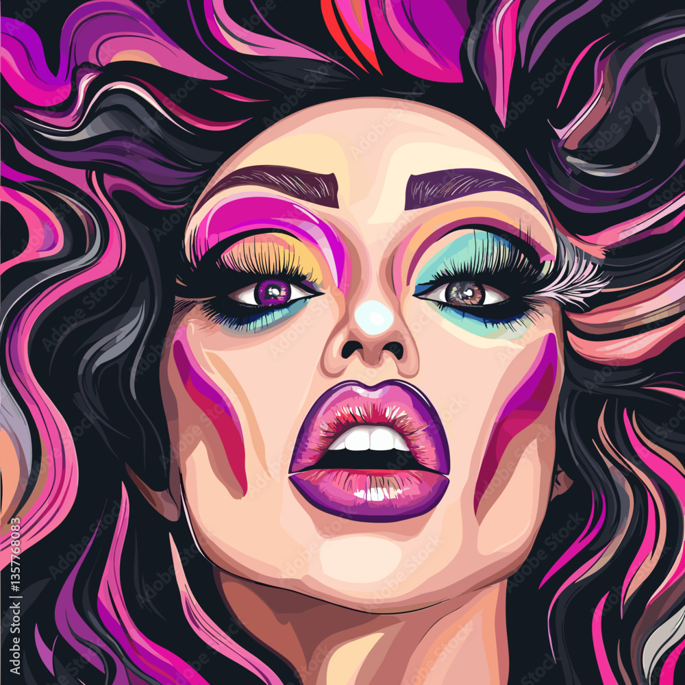 Close-up portrait of drag queen in vibrant pop art style
Close-up portrait of drag queen in vibrant pop art style