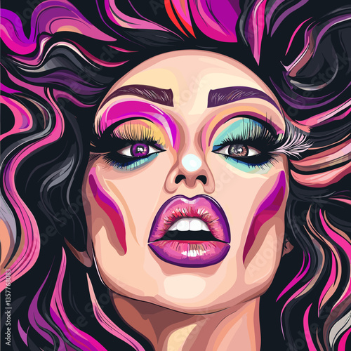 Close-up portrait of drag queen in vibrant pop art style

