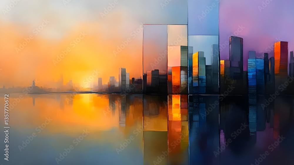 Obraz premium Vibrant Cityscape at Sunset Abstract Painting Modern Art Colorful Buildings Waterfront Reflection