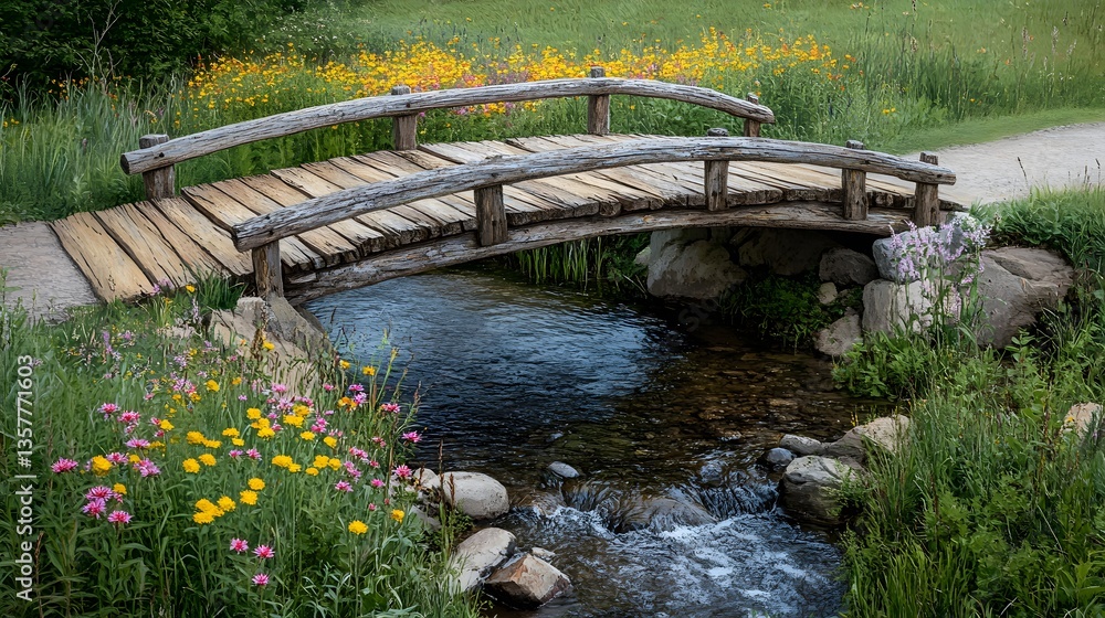 A rustic wooden bridge crossing a small flowing stream amidst a vibrant display of wildflowers A rustic wooden bridge crossing a small flowing stream amidst a vibrant display of wildflowers