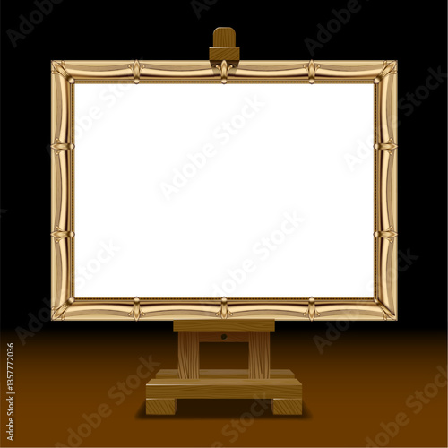 A gold classic picture frame with a white canvas on the wood easel on black background. Vector illustration in 3d style