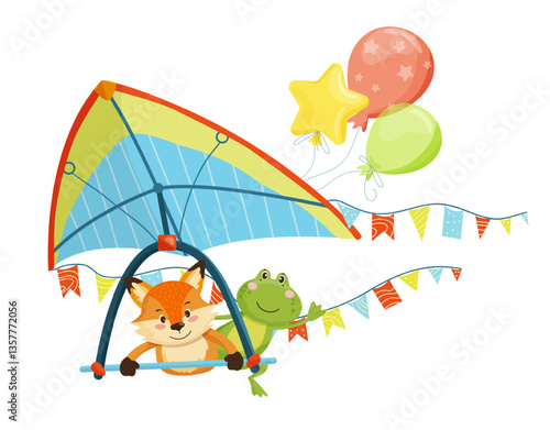 Vector illustration of a fox flying a kite with balloons and stars.