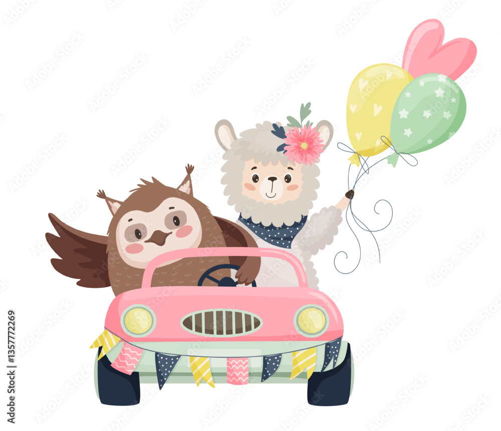 Vector illustration of an owl and llama in a pink car with balloons. Vector illustration of an owl and llama in a pink car with balloons.