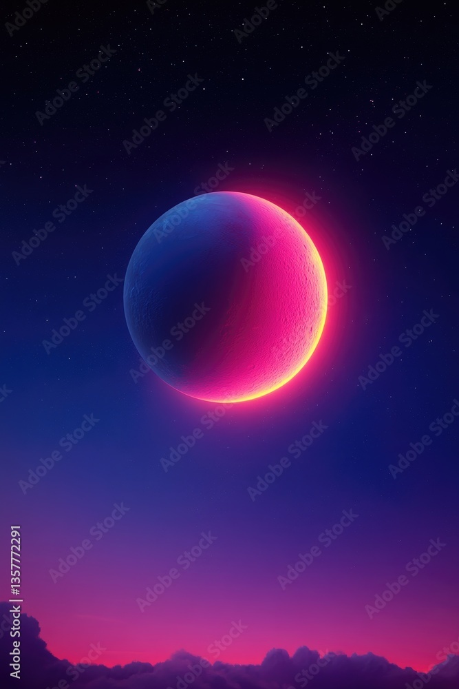 Obraz premium Vibrant Neon Crescent Moon in Starry Sky at Dusk: Surreal and Futuristic Landscape