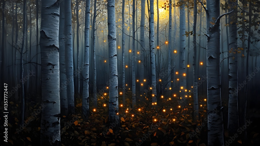 Obraz premium Enchanting Birch Forest at Dusk with Glowing Lights Magical Autumn Scene