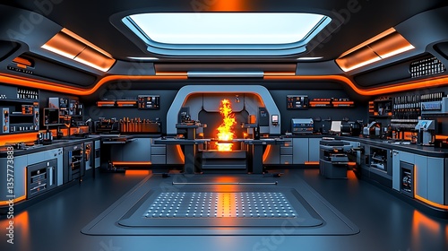 Futuristic Laboratory Interior With Orange And Black Lighting
