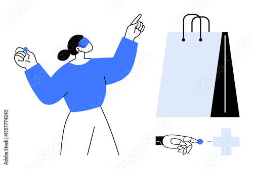 Woman gestures towards large shopping bag, holding a token. Digital interaction highlights modern shopping, decision-making, and e-commerce. Ideal for retail, online store, innovation, customer