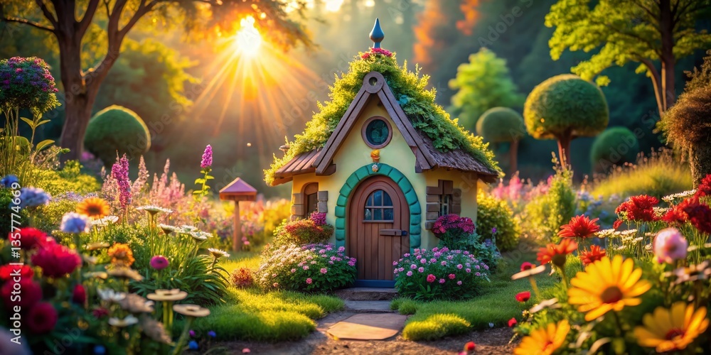 Fototapeta premium Summer Gnome House in a whimsical garden, bright sunlit scene.