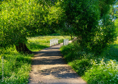 Beautiful alley and white wooden bridge in Monrepos Park in Vyborg