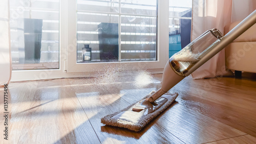 Flat spray mop for cleaning the floor with a microfiber cloth and sprayer. House cleaning, maintaining cleanliness and order in the apartment.