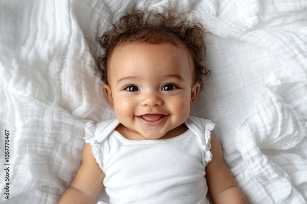 Happy baby girl with curly hair wearing a white bodysuit, lying and smiling on a white blanket Happy baby girl with curly hair wearing a white bodysuit, lying and smiling on a white blanket