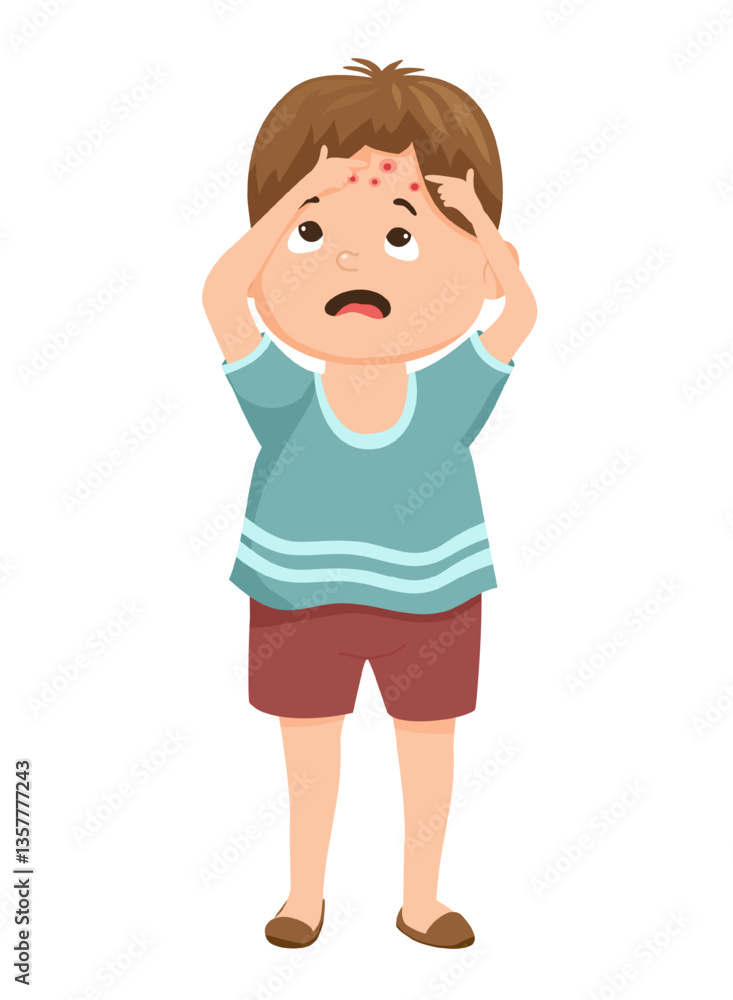 Vector illustration of a boy holding his head, showing pimples on his face. Vector illustration of a boy holding his head, showing pimples on his face.