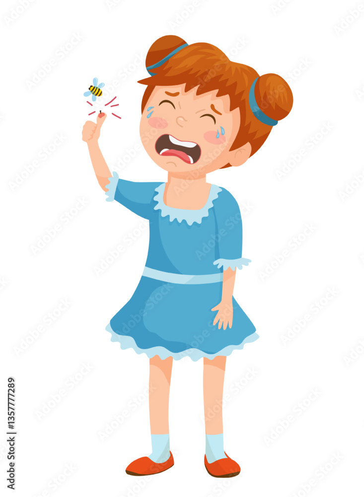 Vector illustration of a girl crying after being stung by a bee. Vector illustration of a girl crying after being stung by a bee.