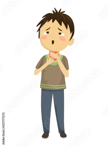 Vector illustration of a boy with a sore throat and fever, holding his neck.