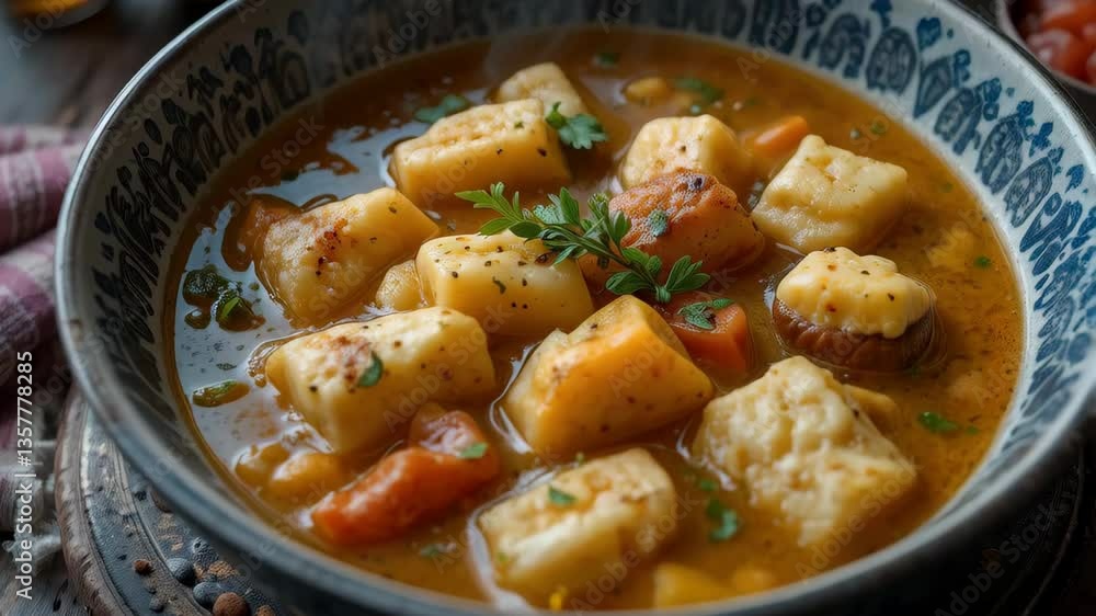 Warm Homemade Stew with Potato Dumplings in a Rustic Bowl A hearty and delicious autumn or winter meal Warm Homemade Stew with Potato Dumplings in a Rustic Bowl A hearty and delicious autumn or winter meal