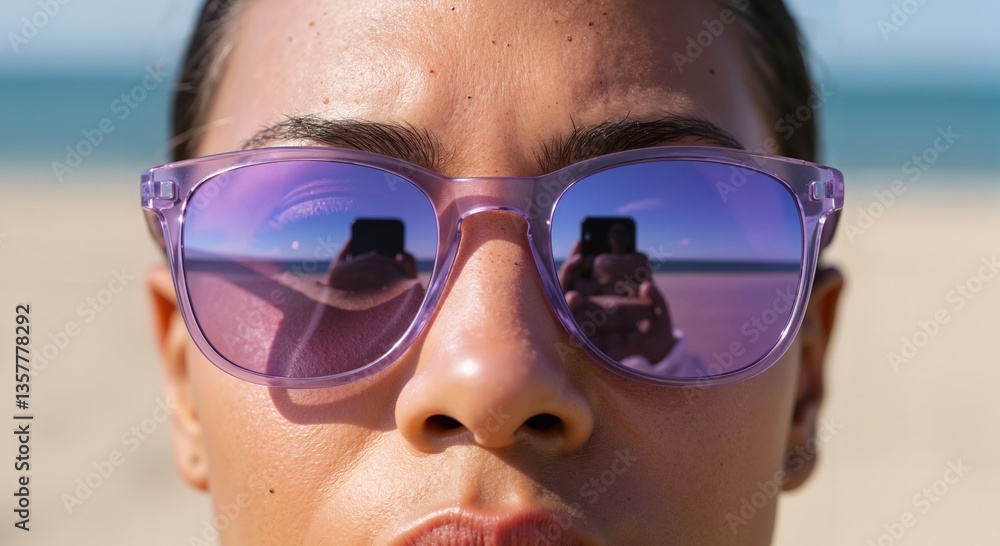 Reflective summer day at the beach with sunglasses and ocean view Reflective summer day at the beach with sunglasses and ocean view