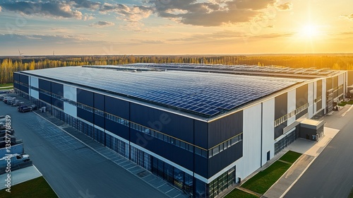 A spacious logistics warehouse operates efficiently with solar panels installed on its roof. The site is bathed in warm sunset light, indicating a focus on sustainable energy practices.