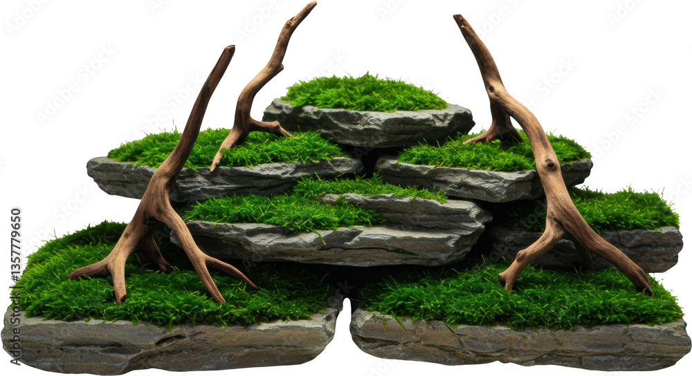 Fototapeta premium Lush Green Mossy Rockscape with Driftwood Aquatic Terrarium Decor Nature Scene