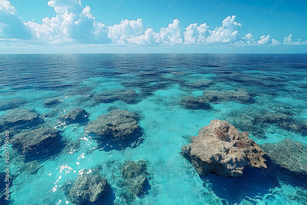 Obraz premium The ocean is calm and clear, with a few rocks scattered throughout the water. The sky is blue and cloudy, creating a serene and peaceful atmosphere