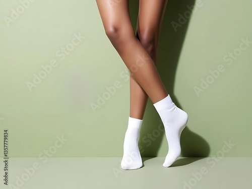 Woman in stylish socks on clean background. feet on socks close up. Woman with smooth legs on green  background. Beautiful well-groomed female legs . Foot care . Depilation of hair on the feet .