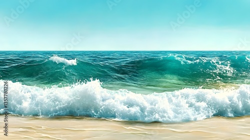 Stunning Ocean Waves Crashing on Sandy Beach Summer Seascape