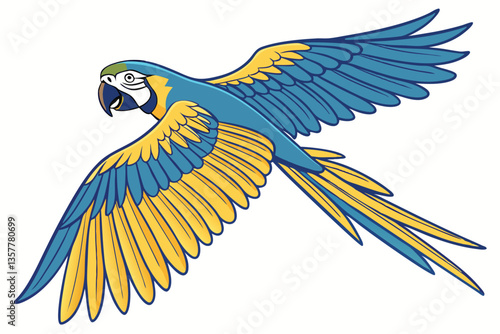 3 Vibrant macaw in flight, colorful parrot, blue and gold feathers, spread wings, tropical bird, detailed plumage, dynamic pose, white background, realistic rendering, high-resolution, nature photogra