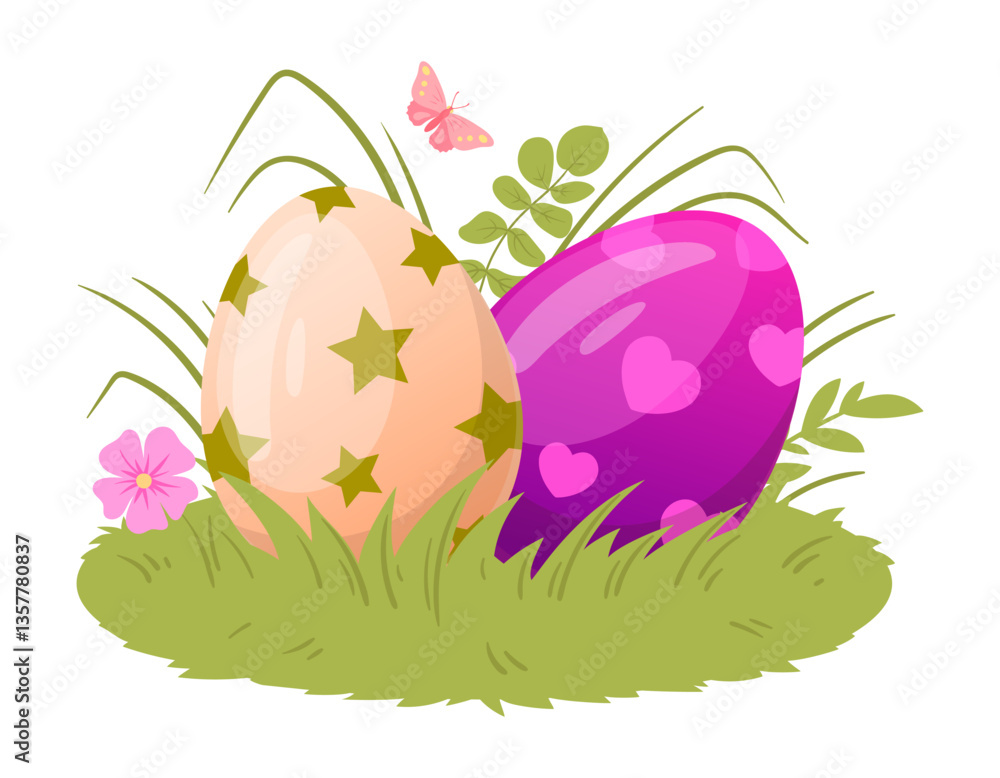 Easter colorful eggs. Happy Easter painted eggs on grass lawn, traditional decorative eggs flat vector illustration. Cartoon spring holiday painted eggs Easter colorful eggs. Happy Easter painted eggs on grass lawn, traditional decorative eggs flat vector illustration. Cartoon spring holiday painted eggs
