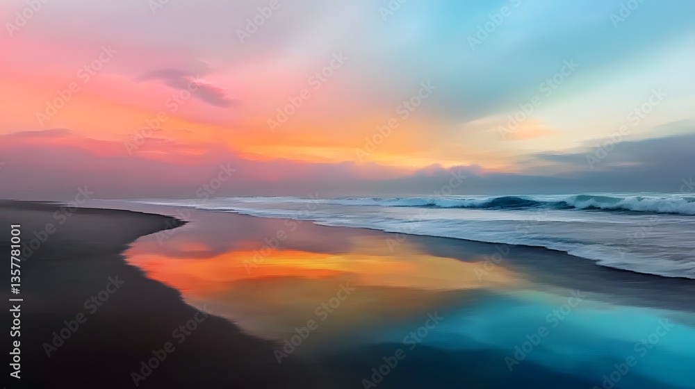 Fototapeta premium Serene Beach Sunset Colorful Sky Reflecting on Ocean Waves