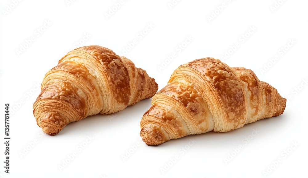 Close-up of two fresh croissants isolated on a white background with a clipping path, high-resolution photography, professional photograph, with a blank background on all sides Close-up of two fresh croissants isolated on a white background with a clipping path, high-resolution photography, professional photograph, with a blank background on all sides