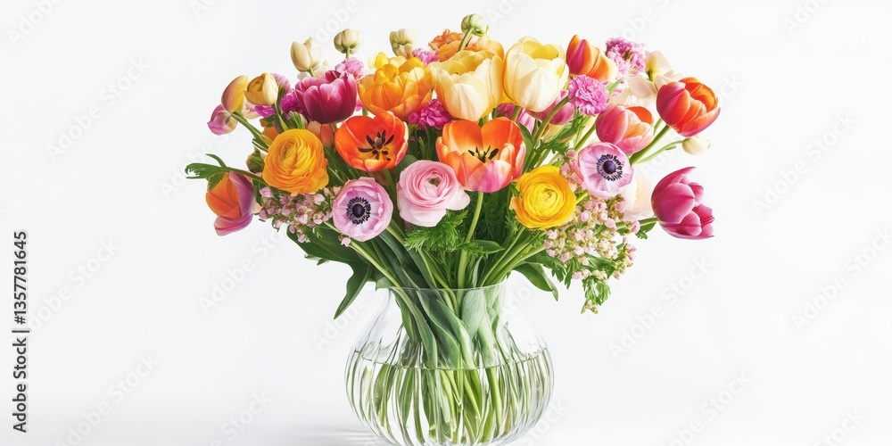 Obraz premium Vibrant Bloom Bouquet: A captivating floral arrangement showcasing a rich tapestry of colorful blooms, beautifully arranged in a clear glass vase.