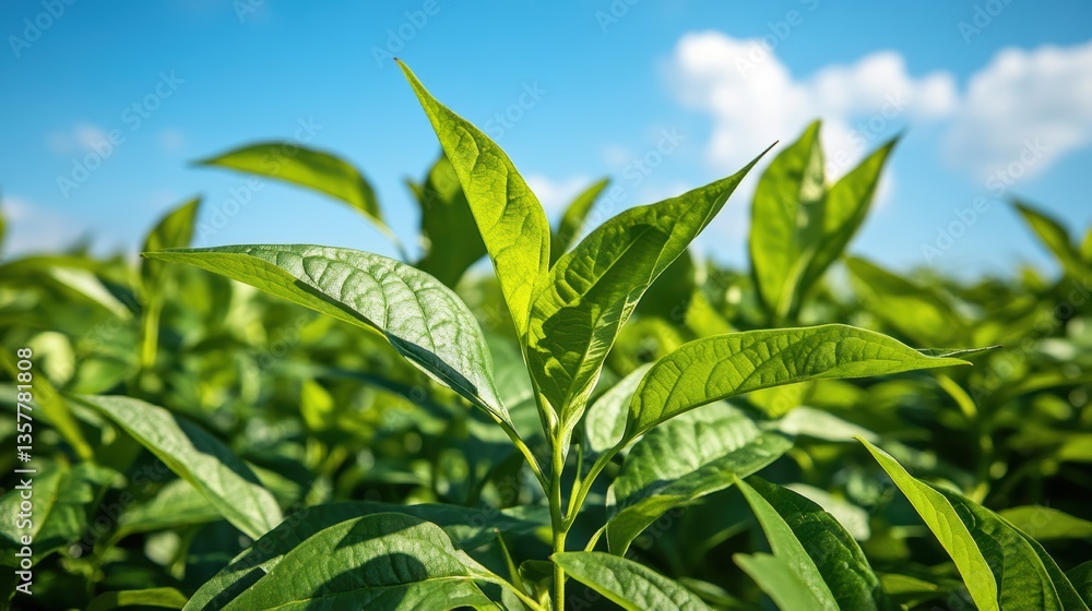 Obraz premium 新緑の茶葉が青空の下で生き生きと育つ様子