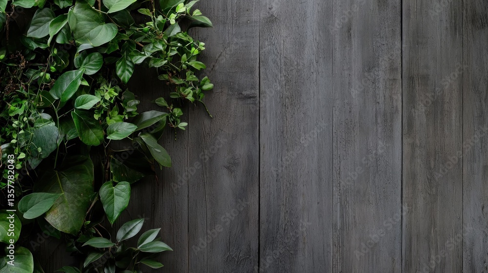 Fresh greenery border on dark wood Fresh greenery border on dark wood