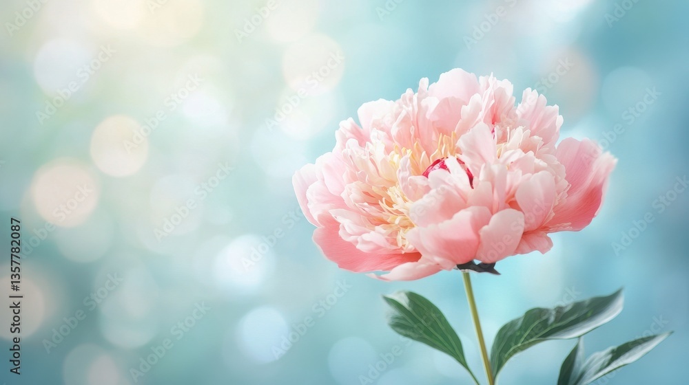 Obraz premium Soft Pink Peony: A delicate pink peony blooms in the ethereal glow of a soft blue and green background, capturing the essence of spring. Its delicate petals are illuminated by a gentle light.
