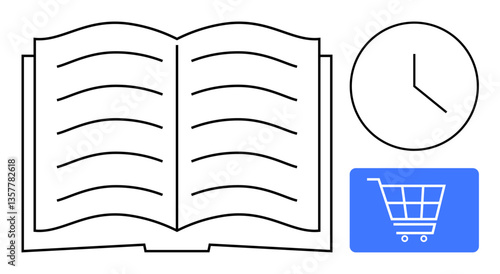 Open book with pages, clock representing time, and blue shopping cart icon. Ideal for learning, time efficiency, online shopping, e-commerce, planning education tools and productivity. Flat simple