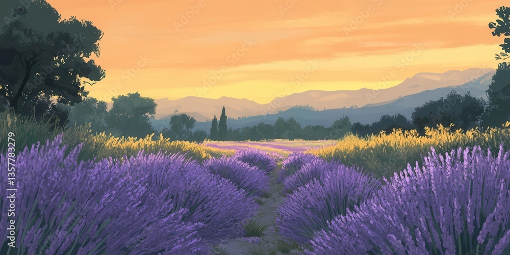 Obraz premium Lavender Field Panorama: A breathtaking panoramic vista showcases vibrant rows of lavender in full bloom under the warm glow of the setting sun, evoking serenity and natural beauty.